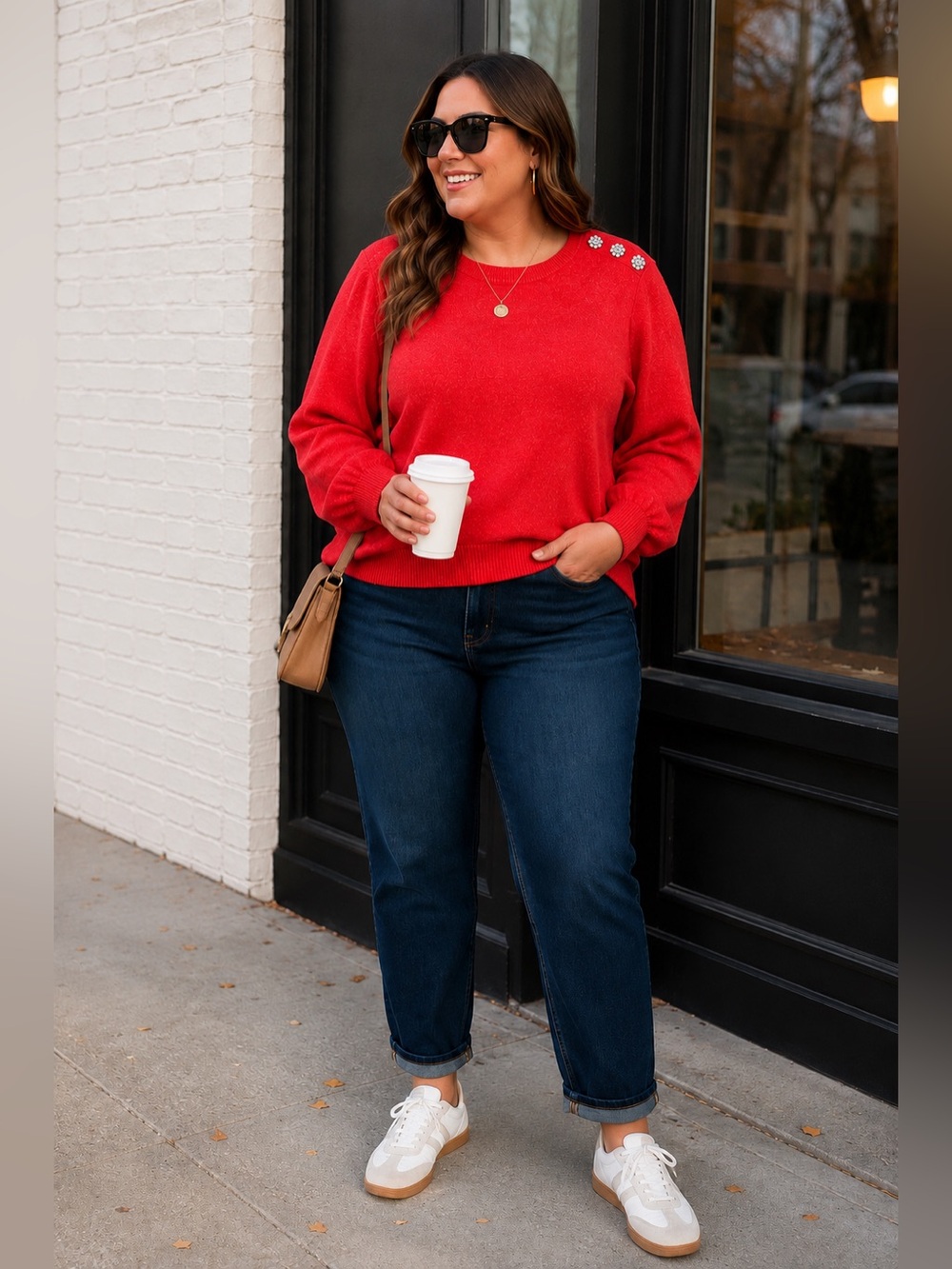 LOFT Red Crewneck Sweater with Embellished Shoulder